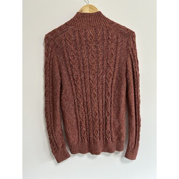 LL Bean Womens Double L Cable Sweater Zip Cardigan Cotton Mix Cable Red Rust Med - Picture 6 of 10